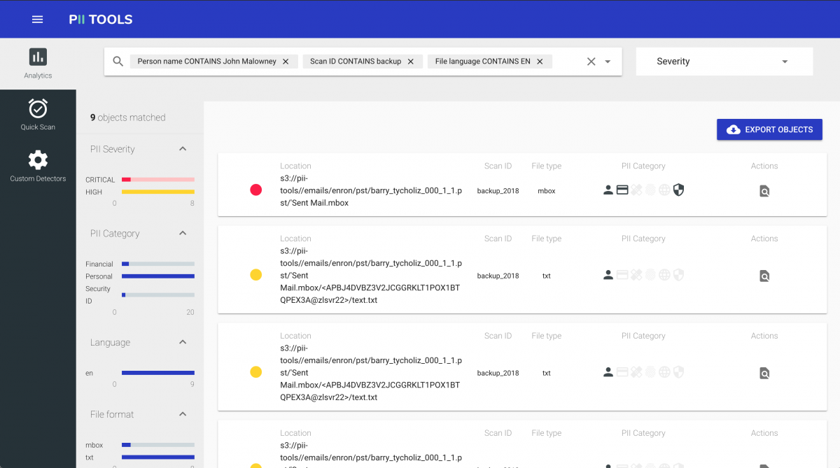 The dashboard allows searching by any combination of Personal and Sensitive information, stringing multiple filters with AND and OR conditions in PII Tools