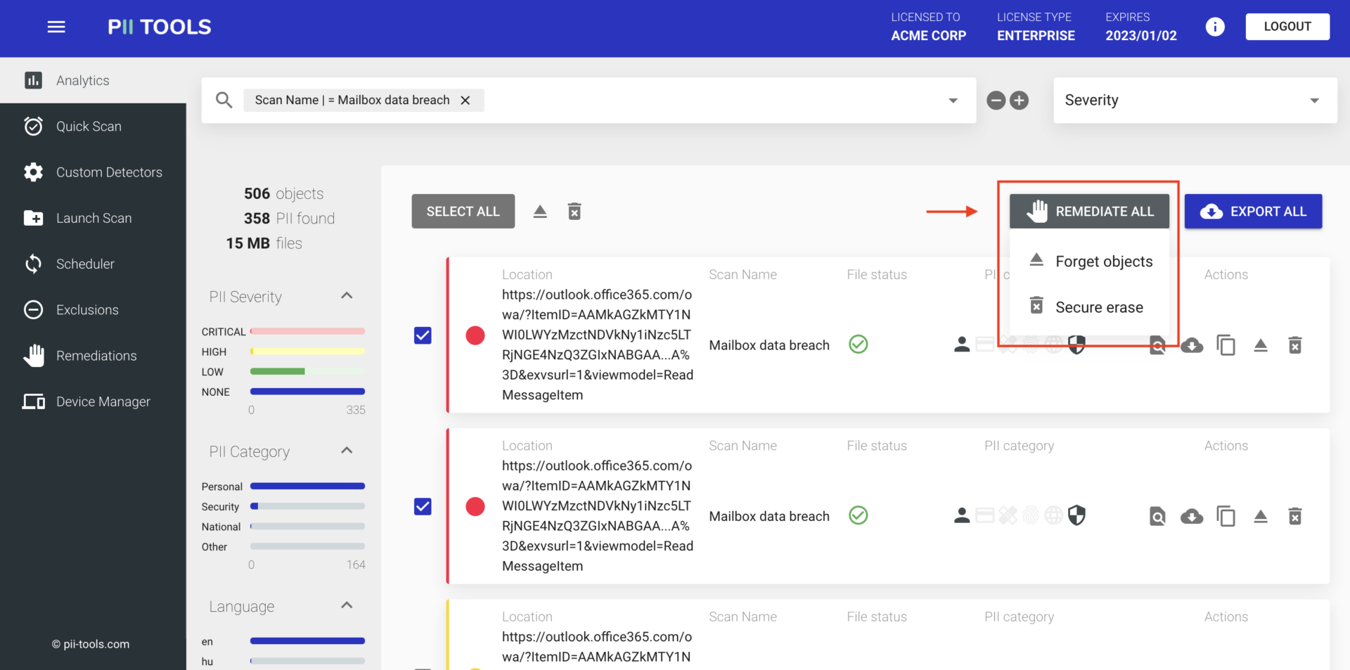 A screenshot of the dashboard showing hot to remediate all risk files in PII Tools