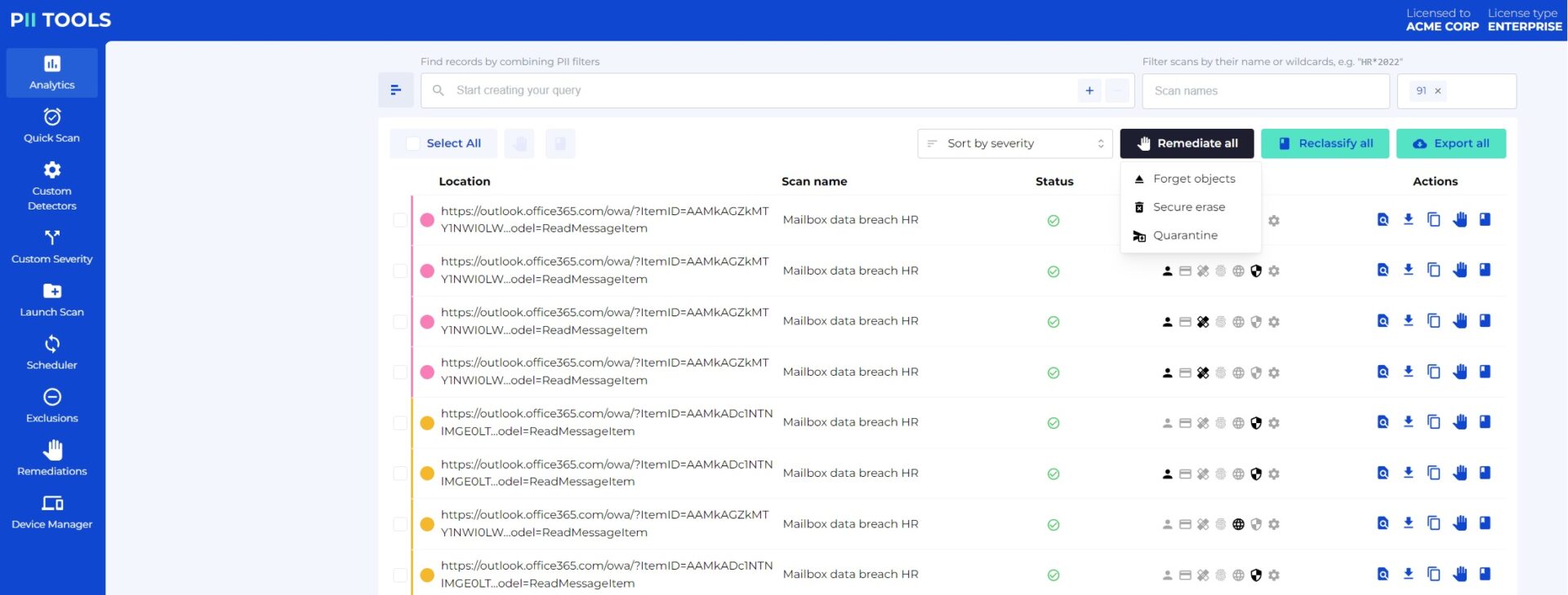 a screenshot from the dashboard analytics showing remediation in PII Tools