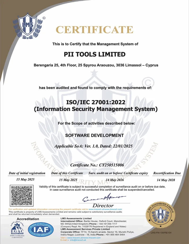 PII Tools is ISO 27001 Certified
